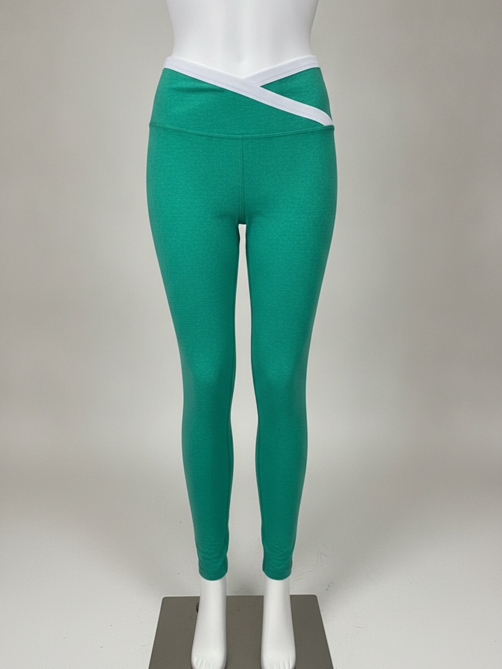 Beyond Yoga Midi Green Leggings with White Crossover Waistband, Size Small